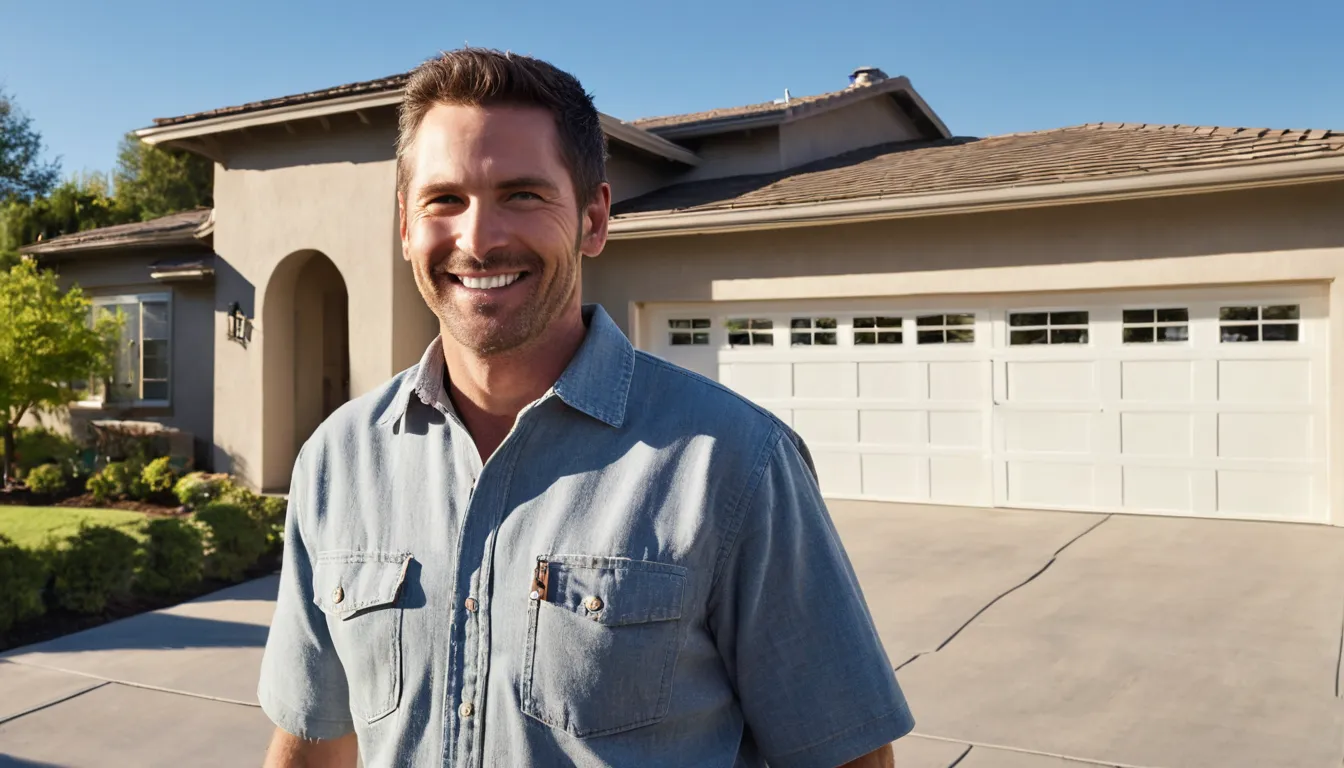 A homeowner in Rancho Cordova checking a garage door at the front of a stucco ranch home